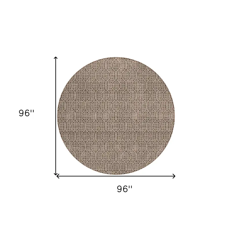 8' Brown And Beige Round Geometric Washable Indoor Outdoor Area Rug