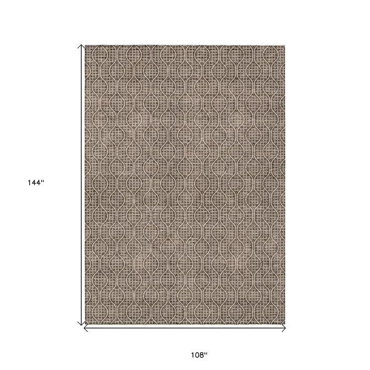 9' X 12' Brown And Beige Geometric Washable Indoor Outdoor Area Rug