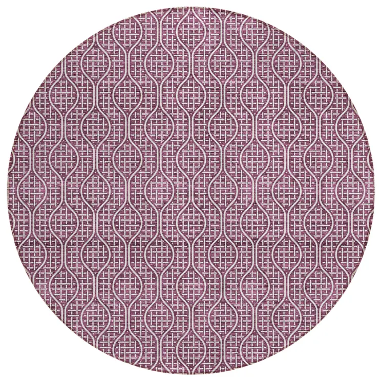 8' Eggplant And Ivory Round Geometric Washable Indoor Outdoor Area Rug