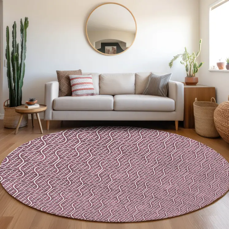 8' Eggplant And Ivory Round Geometric Washable Indoor Outdoor Area Rug