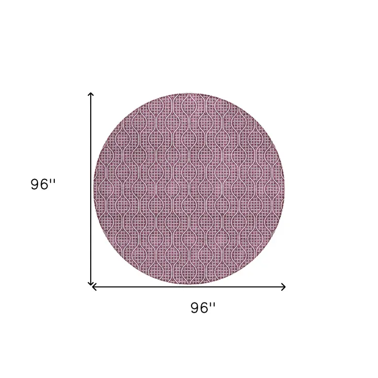 8' Eggplant And Ivory Round Geometric Washable Indoor Outdoor Area Rug