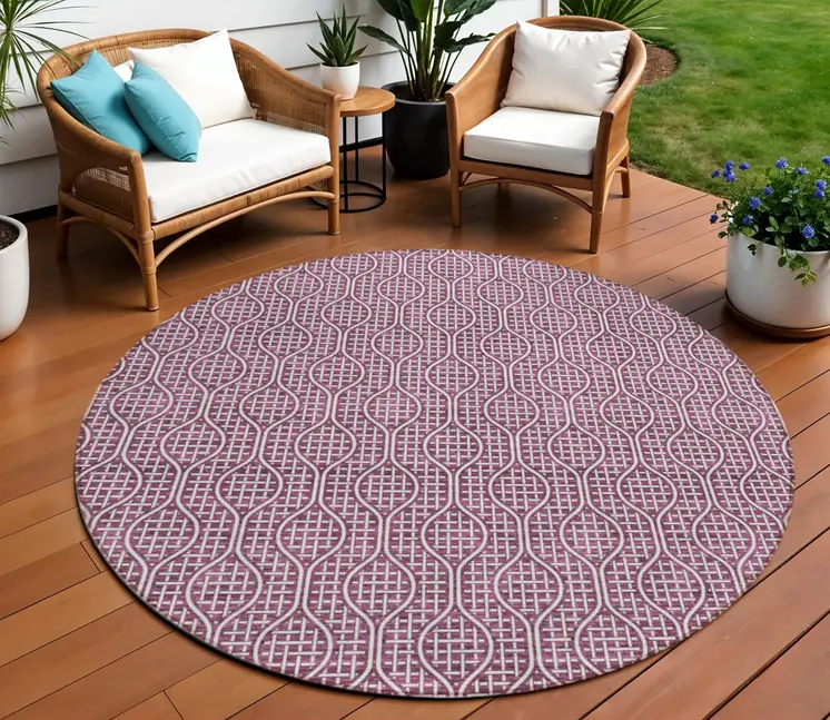 8' Eggplant And Ivory Round Geometric Washable Indoor Outdoor Area Rug