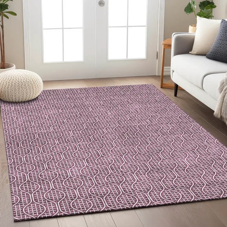 8' X 10' Eggplant And Ivory Geometric Washable Indoor Outdoor Area Rug