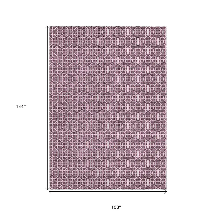 9' X 12' Eggplant And Ivory Geometric Washable Indoor Outdoor Area Rug