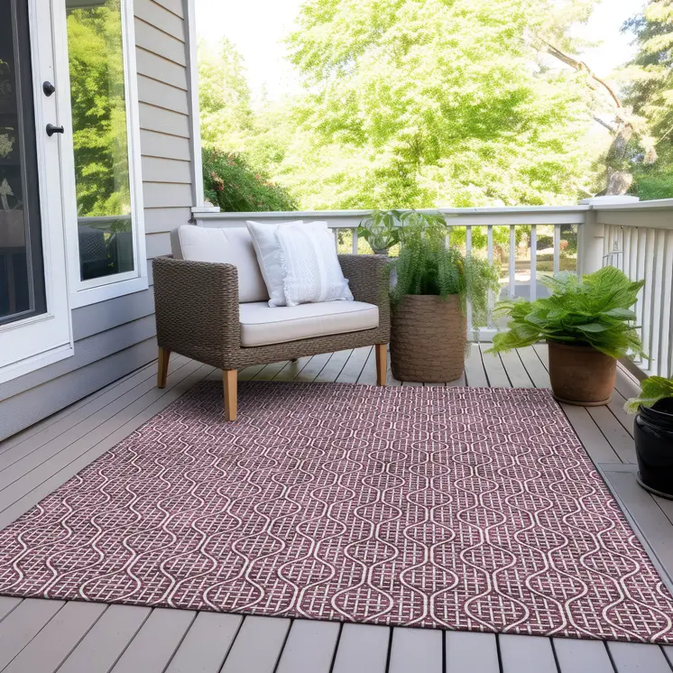 9' X 12' Eggplant And Ivory Geometric Washable Indoor Outdoor Area Rug