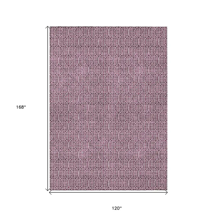 10' X 14' Eggplant And Ivory Geometric Washable Indoor Outdoor Area Rug