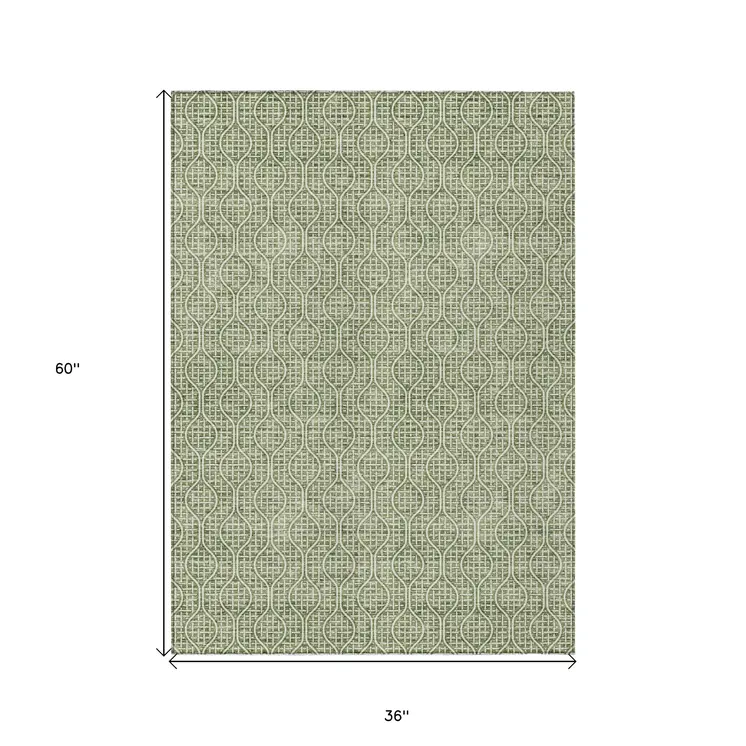3' X 5' Green And Ivory Geometric Washable Indoor Outdoor Area Rug