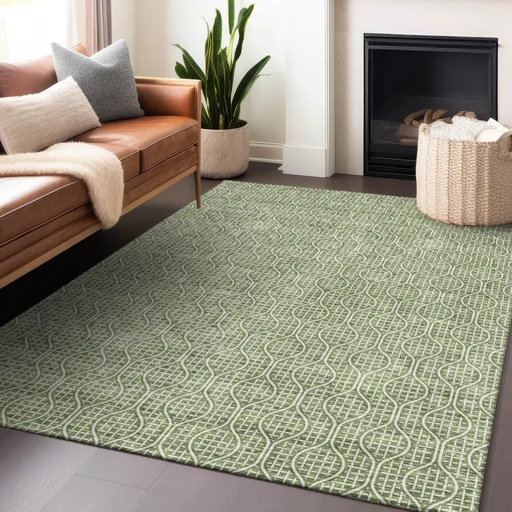 5' X 8' Green And Ivory Geometric Washable Indoor Outdoor Area Rug