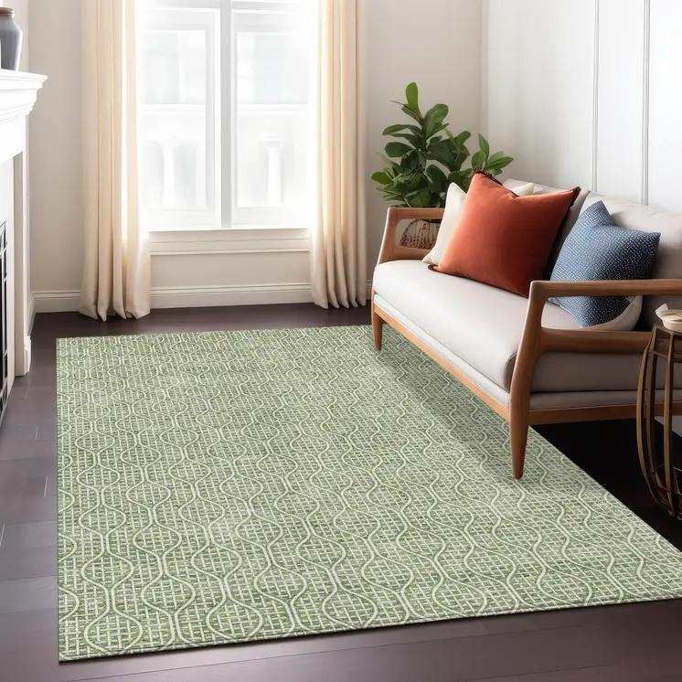 5' X 8' Green And Ivory Geometric Washable Indoor Outdoor Area Rug