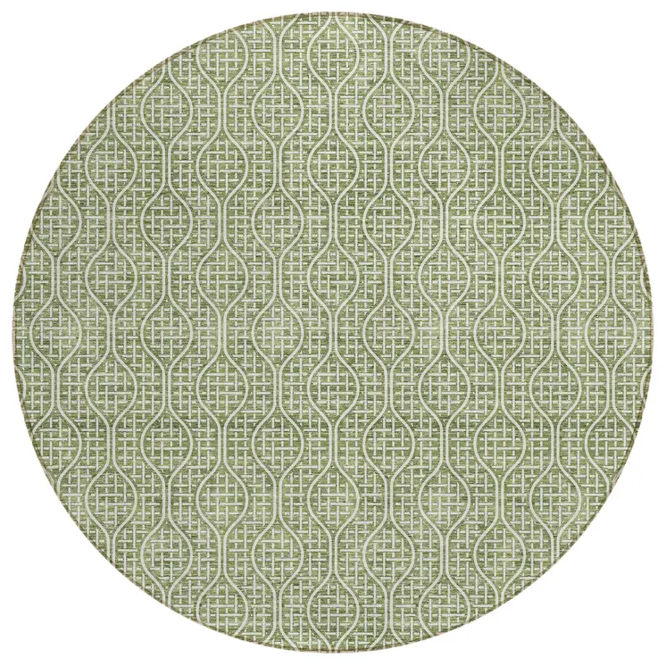 8' Green And Ivory Round Geometric Washable Indoor Outdoor Area Rug
