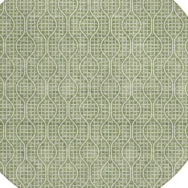 8' Green And Ivory Round Geometric Washable Indoor Outdoor Area Rug