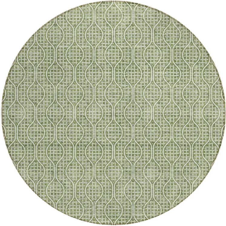 8' Green And Ivory Round Geometric Washable Indoor Outdoor Area Rug