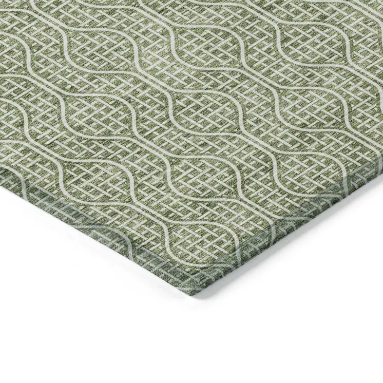 9' X 12' Green And Ivory Geometric Washable Indoor Outdoor Area Rug