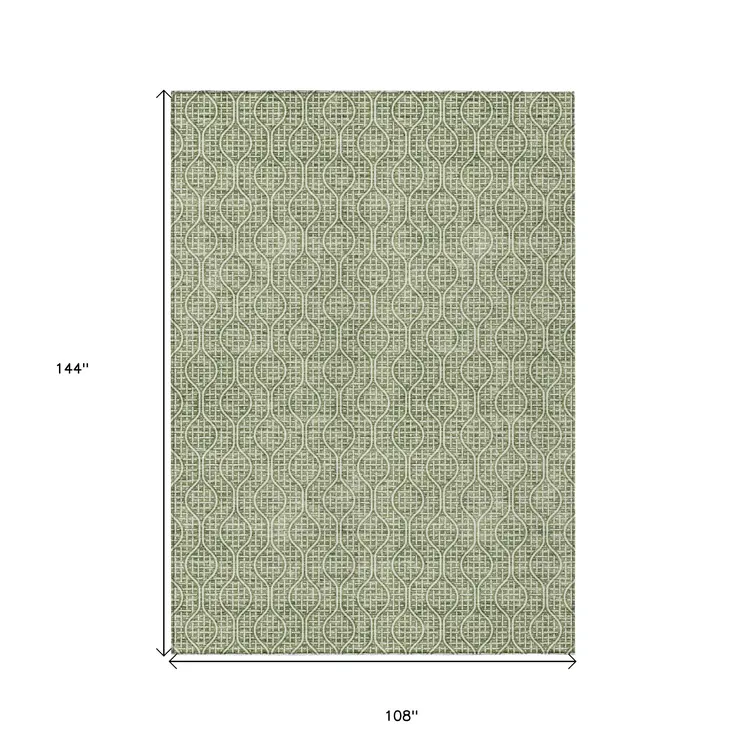 9' X 12' Green And Ivory Geometric Washable Indoor Outdoor Area Rug