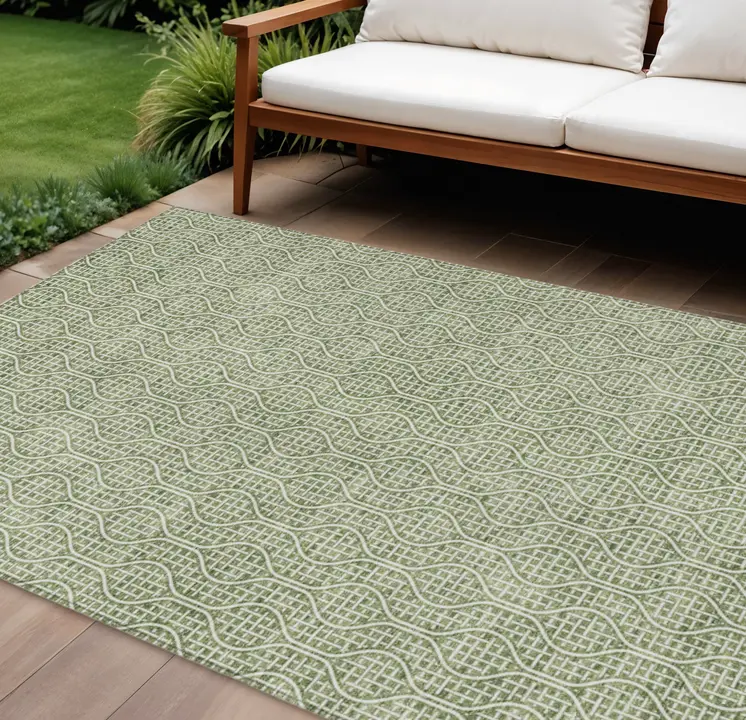 10' X 14' Green And Ivory Geometric Washable Indoor Outdoor Area Rug
