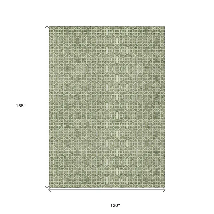 10' X 14' Green And Ivory Geometric Washable Indoor Outdoor Area Rug