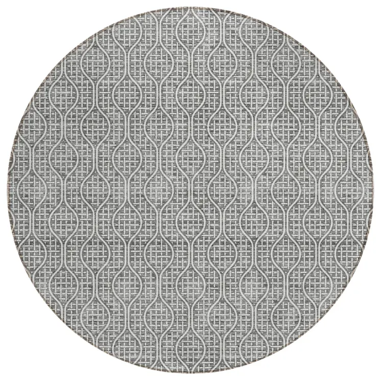 8' Gray And Ivory Round Geometric Washable Indoor Outdoor Area Rug