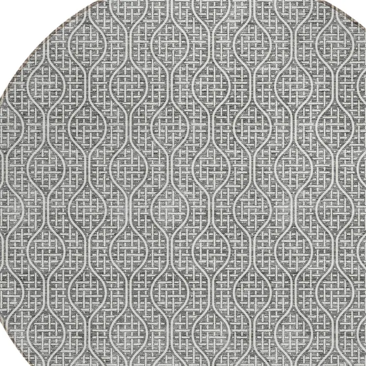 8' Gray And Ivory Round Geometric Washable Indoor Outdoor Area Rug