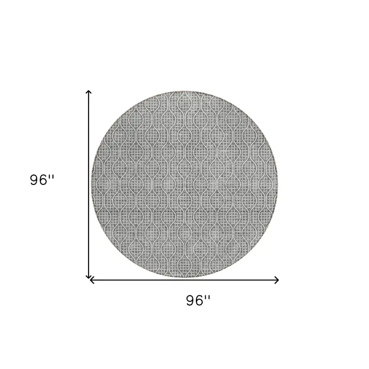 8' Gray And Ivory Round Geometric Washable Indoor Outdoor Area Rug