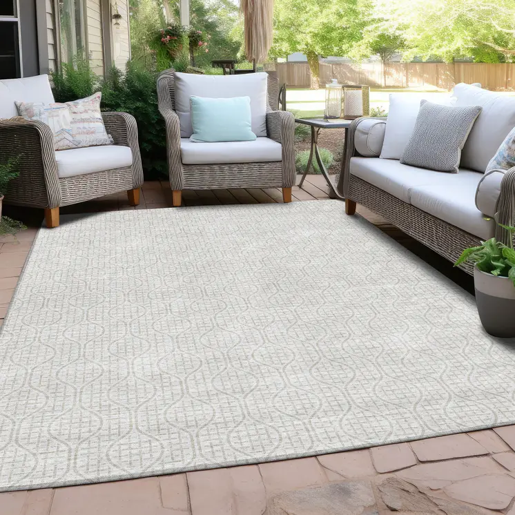 9' X 12' Ivory And Beige Geometric Washable Indoor Outdoor Area Rug