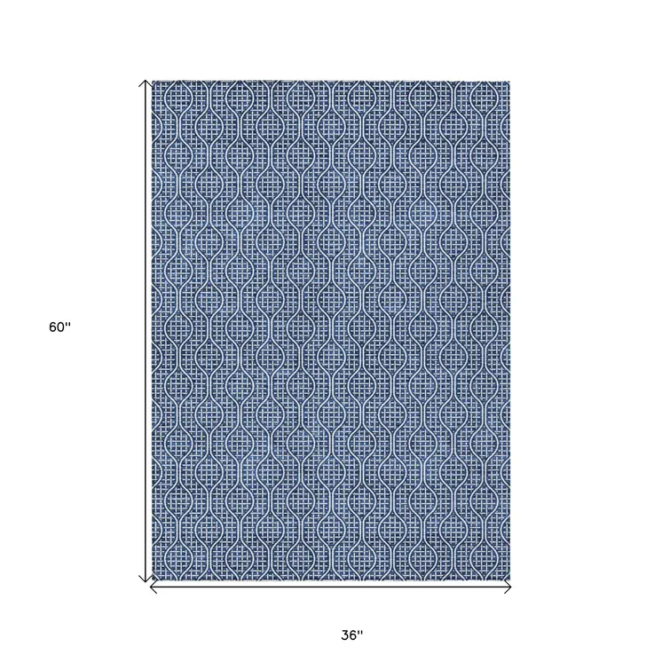 3' X 5' Navy Blue And Ivory Geometric Washable Indoor Outdoor Area Rug