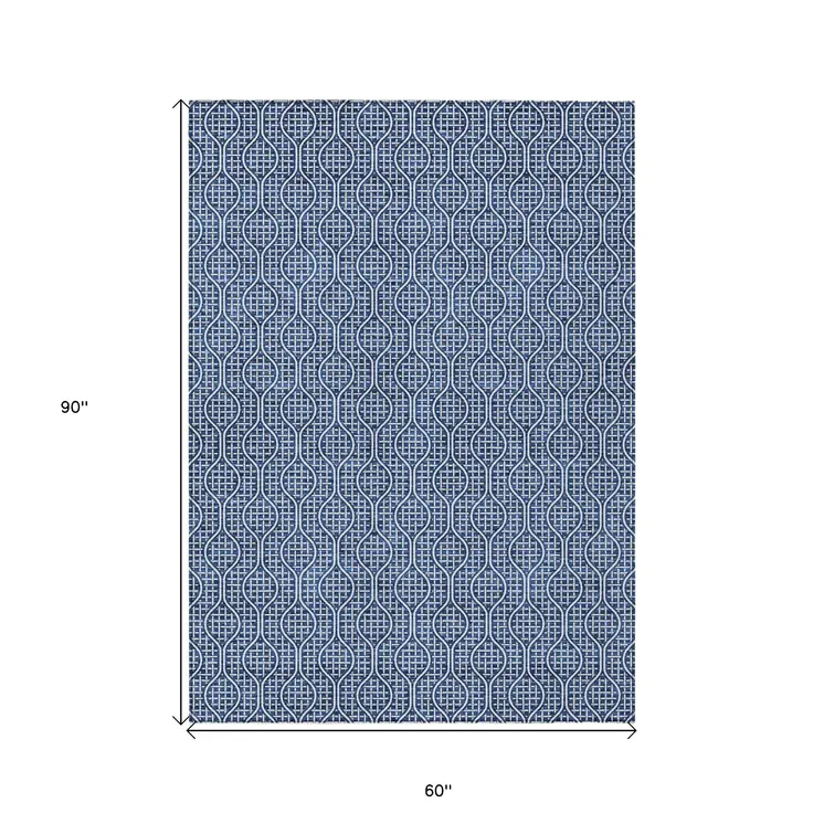 5' X 8' Navy Blue And Ivory Geometric Washable Indoor Outdoor Area Rug