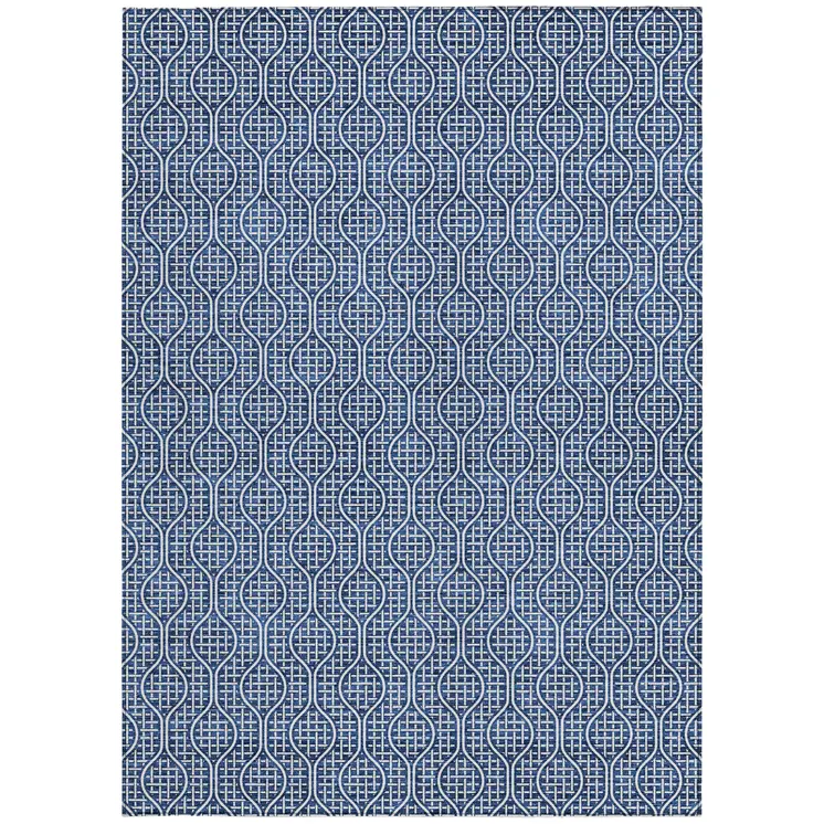 5' X 8' Navy Blue And Ivory Geometric Washable Indoor Outdoor Area Rug