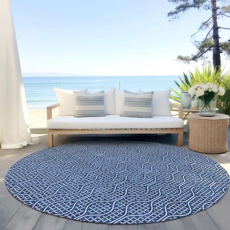8' Navy Blue And Ivory Round Geometric Washable Indoor Outdoor Area Rug