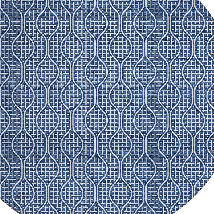 8' Navy Blue And Ivory Round Geometric Washable Indoor Outdoor Area Rug