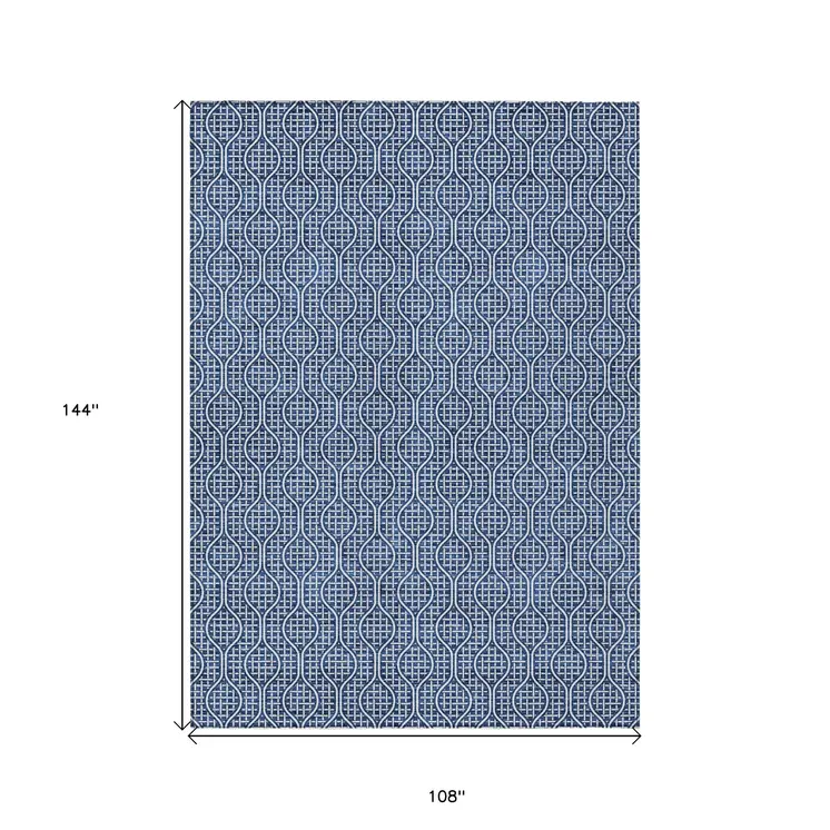 9' X 12' Navy Blue And Ivory Geometric Washable Indoor Outdoor Area Rug