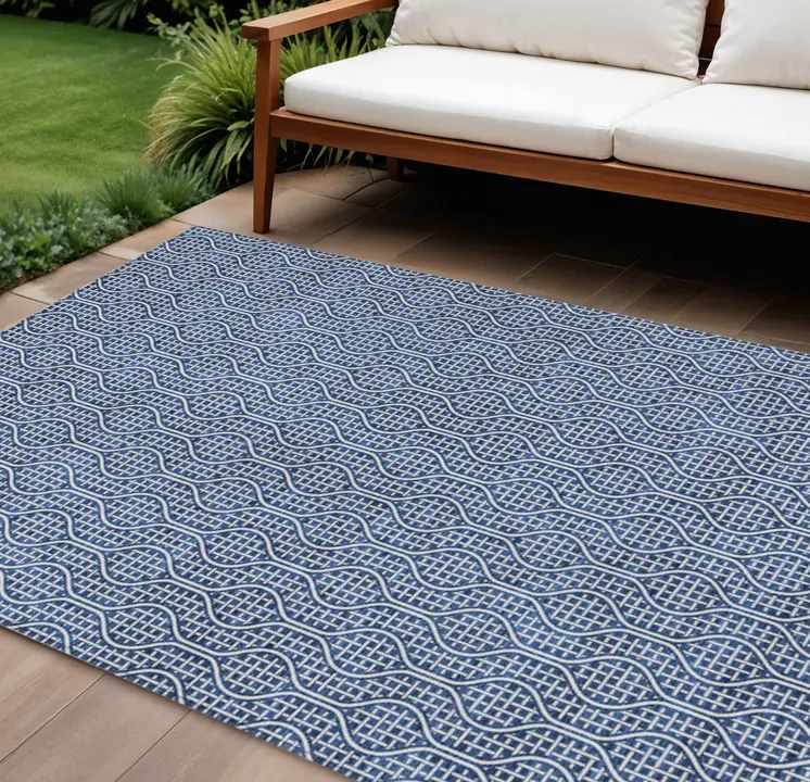 9' X 12' Navy Blue And Ivory Geometric Washable Indoor Outdoor Area Rug