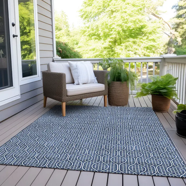 9' X 12' Navy Blue And Ivory Geometric Washable Indoor Outdoor Area Rug
