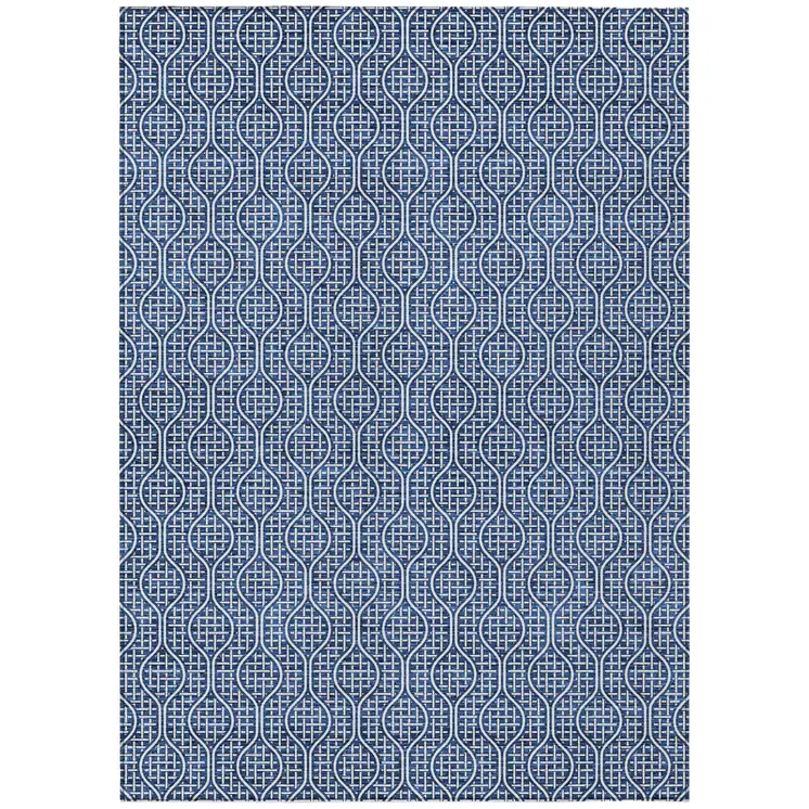 9' X 12' Navy Blue And Ivory Geometric Washable Indoor Outdoor Area Rug