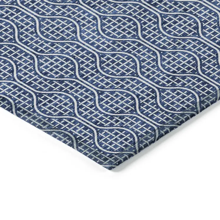 9' X 12' Navy Blue And Ivory Geometric Washable Indoor Outdoor Area Rug