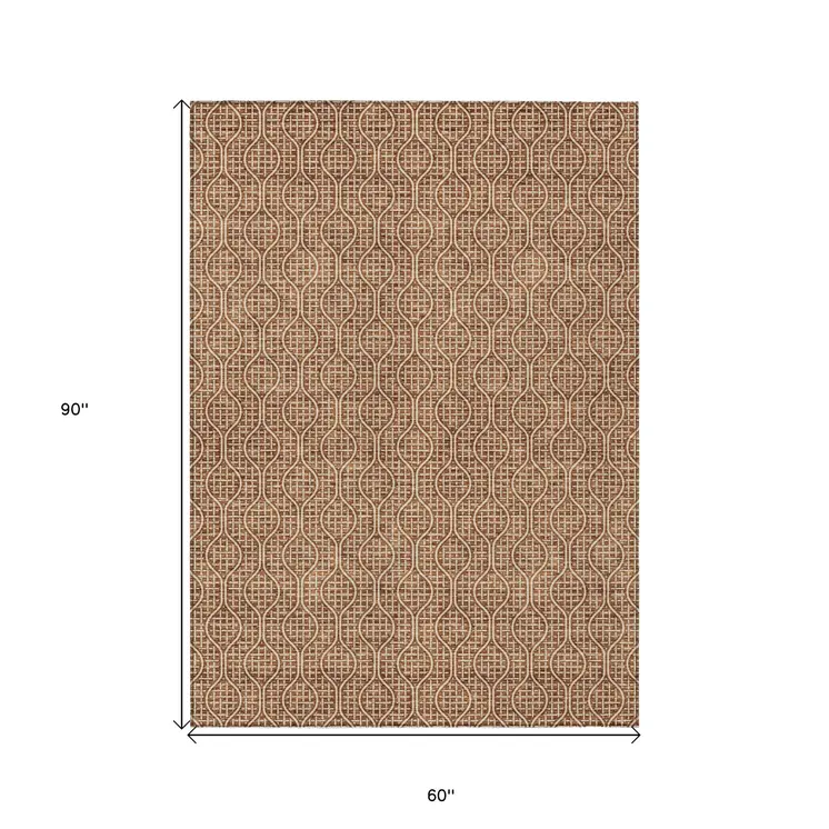 5' X 8' Brown And Beige Geometric Washable Indoor Outdoor Area Rug