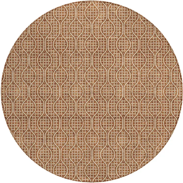 8' Brown And Beige Round Geometric Washable Indoor Outdoor Area Rug