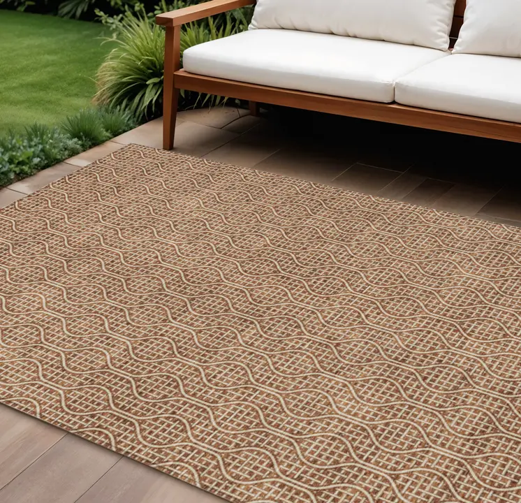 8' X 10' Brown And Beige Geometric Washable Indoor Outdoor Area Rug