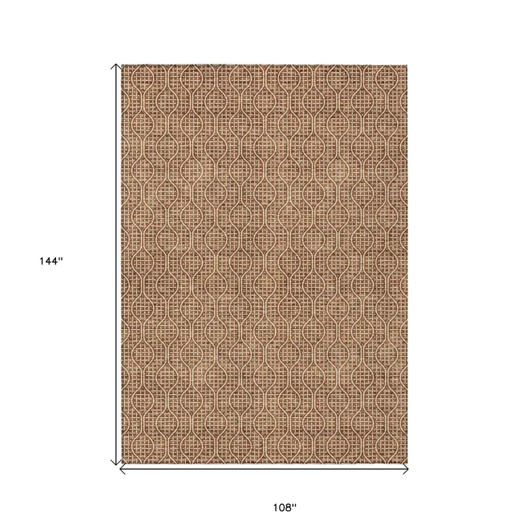 9' X 12' Brown And Beige Geometric Washable Indoor Outdoor Area Rug