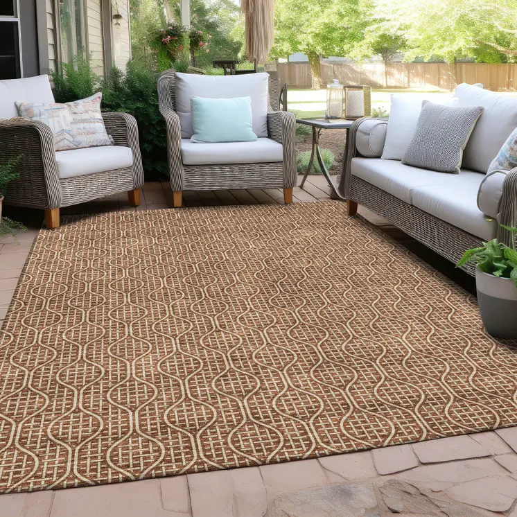 10' X 14' Brown And Beige Geometric Washable Indoor Outdoor Area Rug