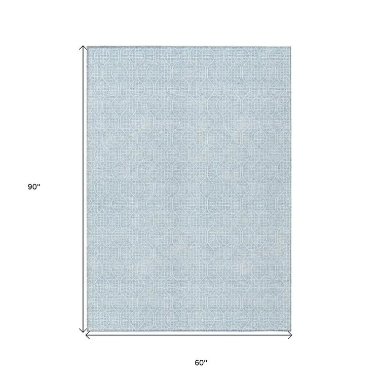 5' X 8' Sky Blue And Ivory Geometric Washable Indoor Outdoor Area Rug