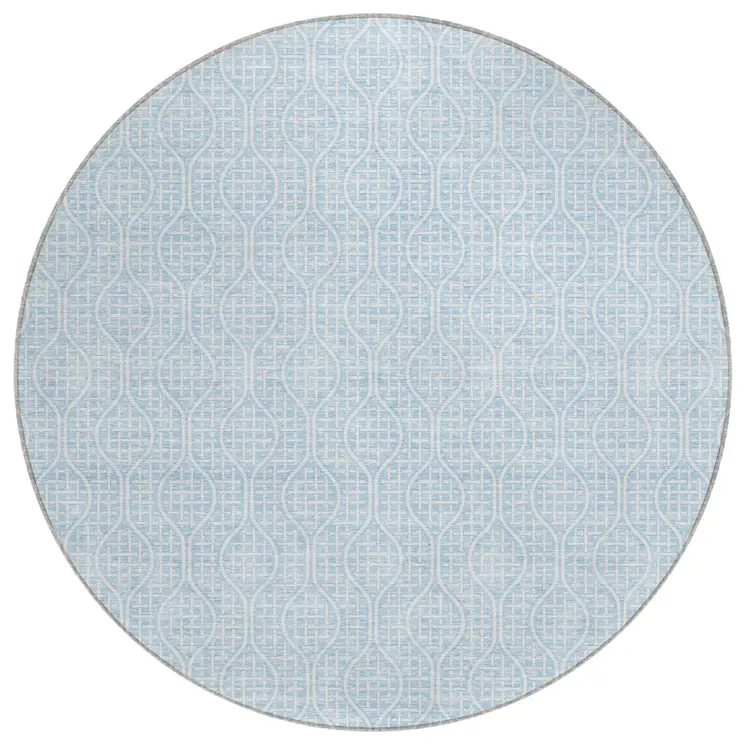 8' Sky Blue And Ivory Round Geometric Washable Indoor Outdoor Area Rug
