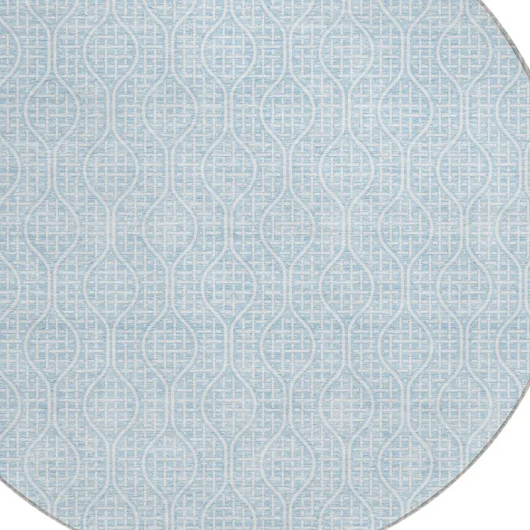 8' Sky Blue And Ivory Round Geometric Washable Indoor Outdoor Area Rug
