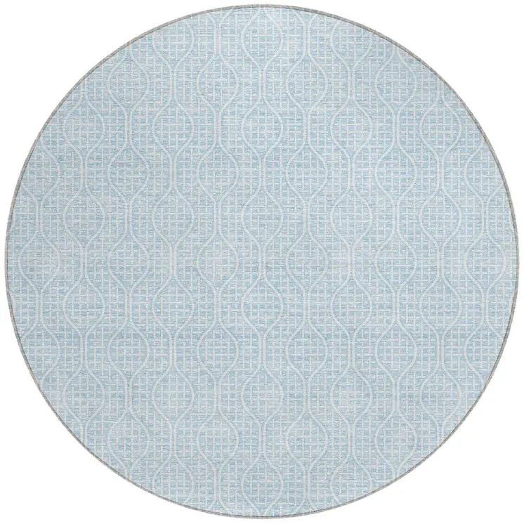 8' Sky Blue And Ivory Round Geometric Washable Indoor Outdoor Area Rug