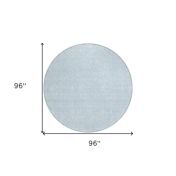8' Sky Blue And Ivory Round Geometric Washable Indoor Outdoor Area Rug