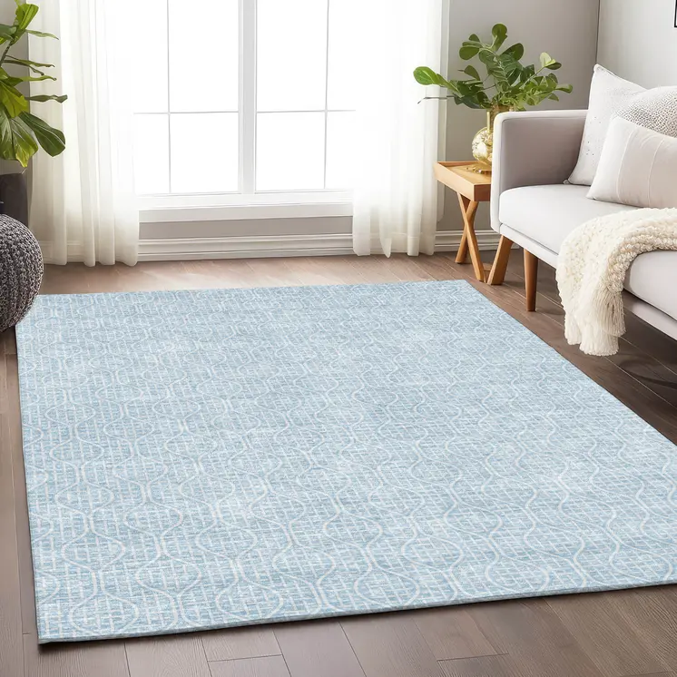 8' X 10' Sky Blue And Ivory Geometric Washable Indoor Outdoor Area Rug