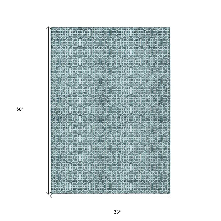 3' X 5' Teal Blue And Ivory Geometric Washable Indoor Outdoor Area Rug