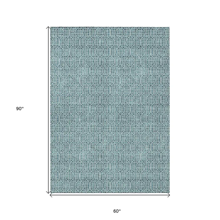 5' X 8' Teal Blue And Ivory Geometric Washable Indoor Outdoor Area Rug