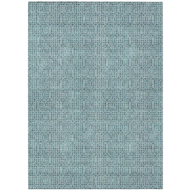 5' X 8' Teal Blue And Ivory Geometric Washable Indoor Outdoor Area Rug