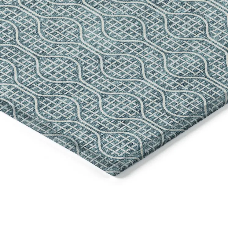 5' X 8' Teal Blue And Ivory Geometric Washable Indoor Outdoor Area Rug