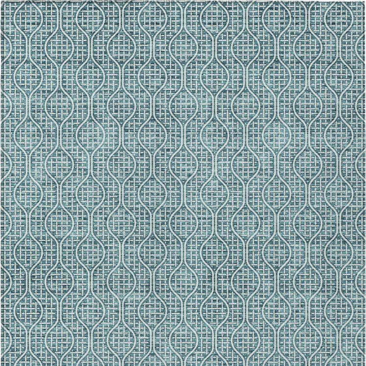 5' X 8' Teal Blue And Ivory Geometric Washable Indoor Outdoor Area Rug
